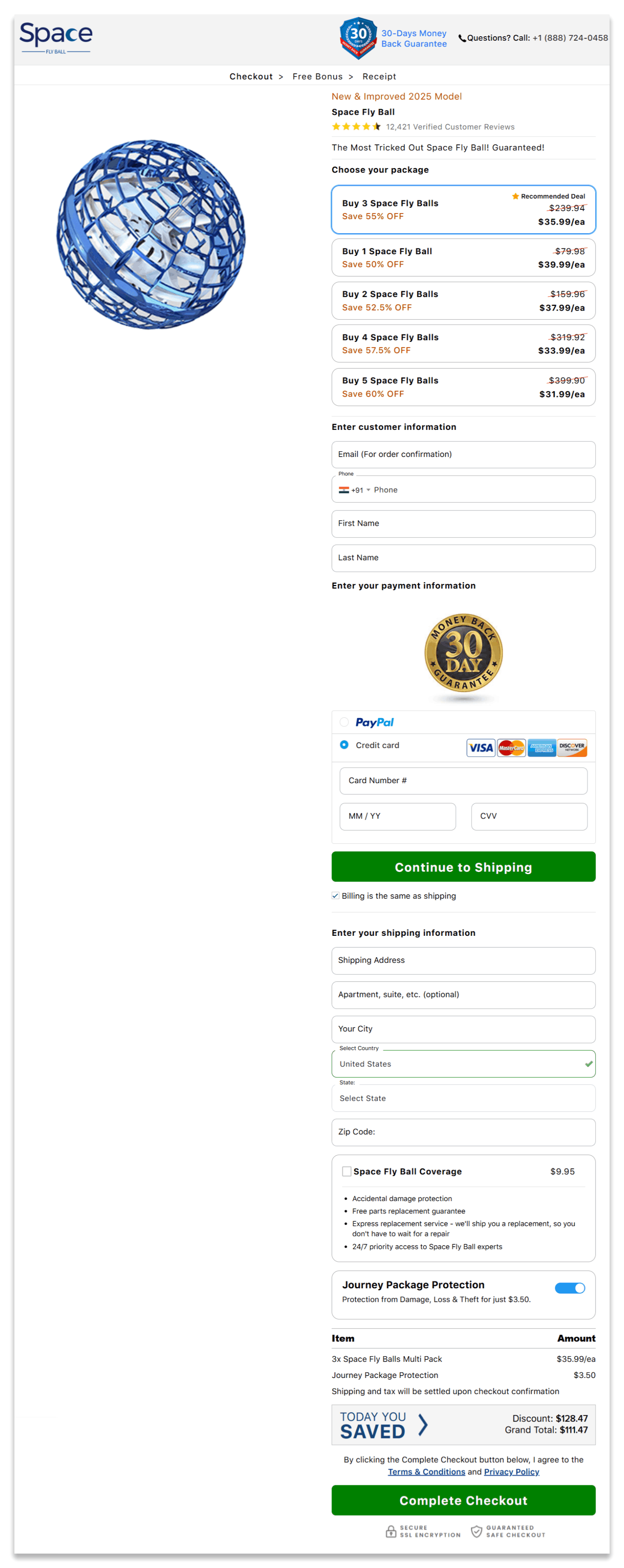 Space Fly Ball secure checkout page